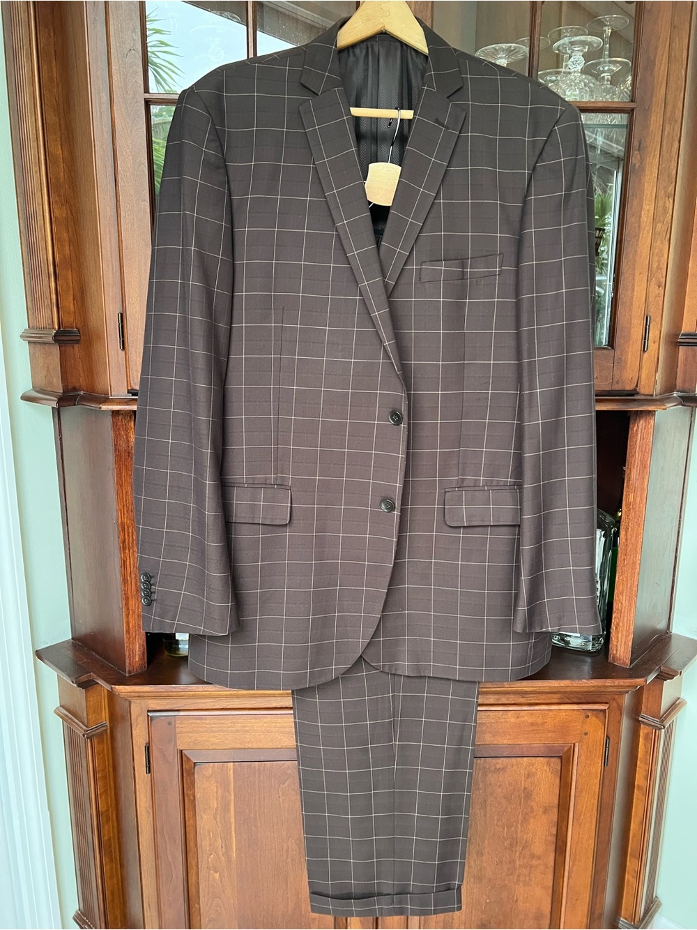 Elegant Brown Windowpane Two-Button Suit Jacket and Pants